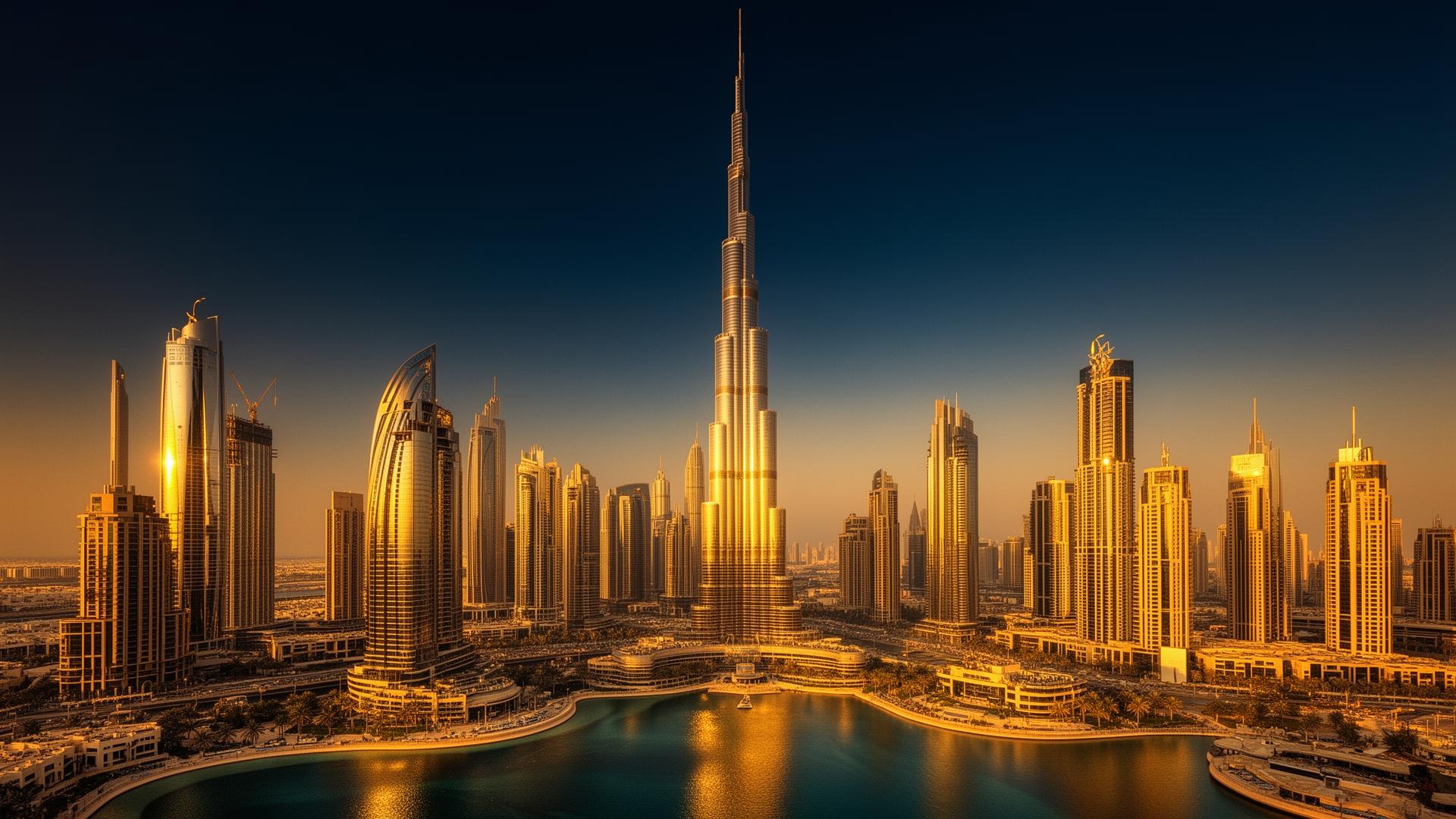 Dubai skyline at sunset overlooking Business Bay